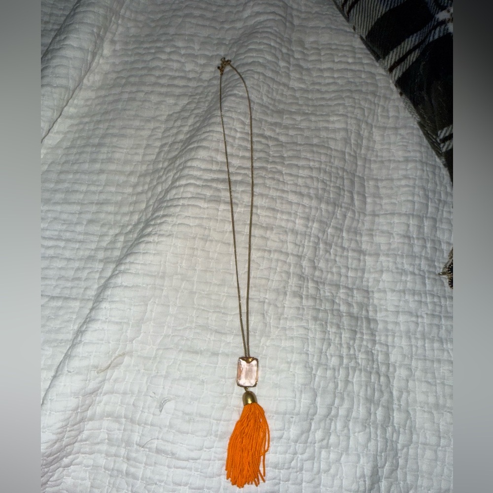J. Crew Gold Chain Necklace with Pink Crystal and Orange Tassel